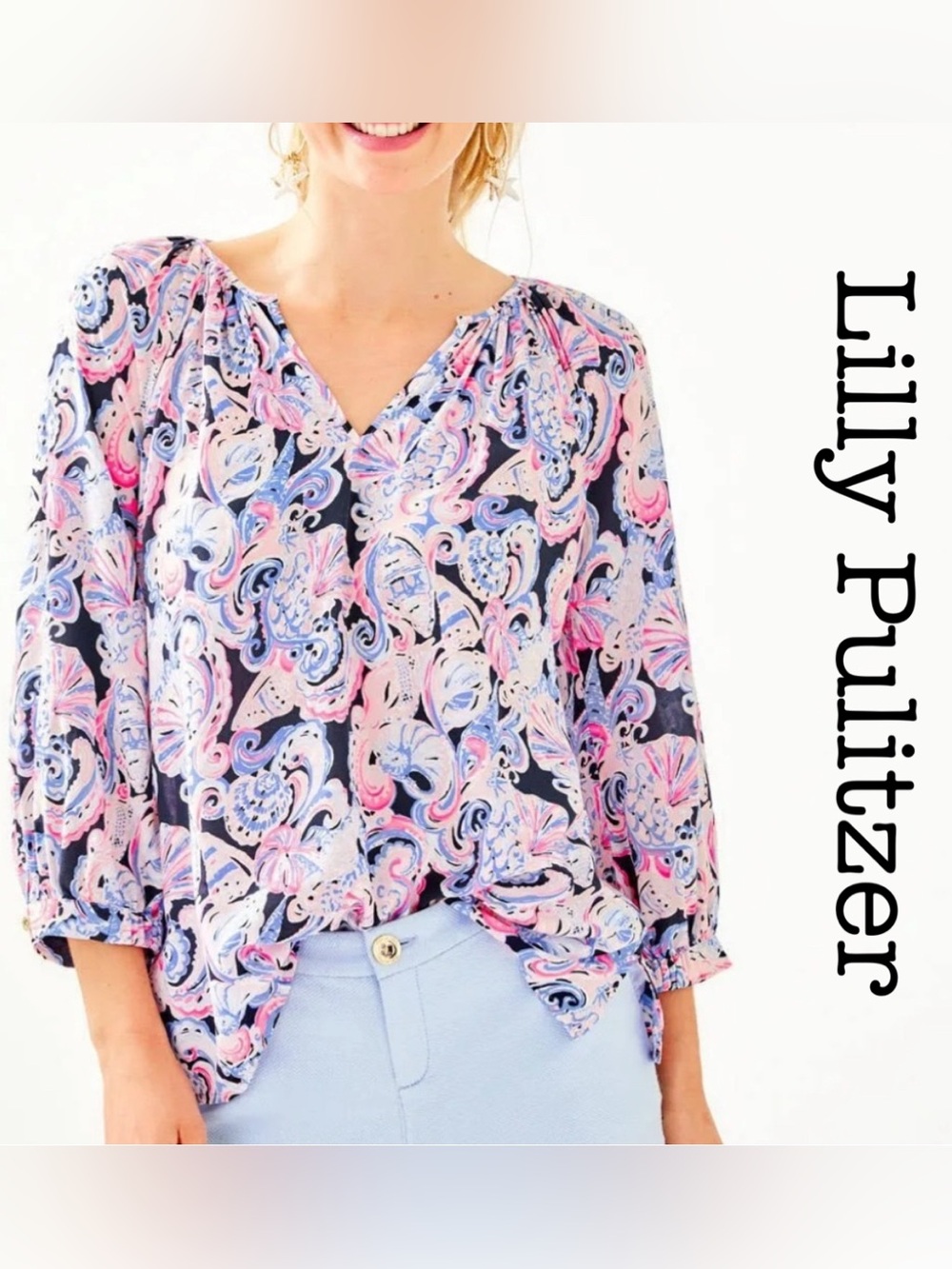 Lilly Pulitzer Willa Pink & Blue Paisley V-Neck Blouse 3/4 Sleeves Size Small